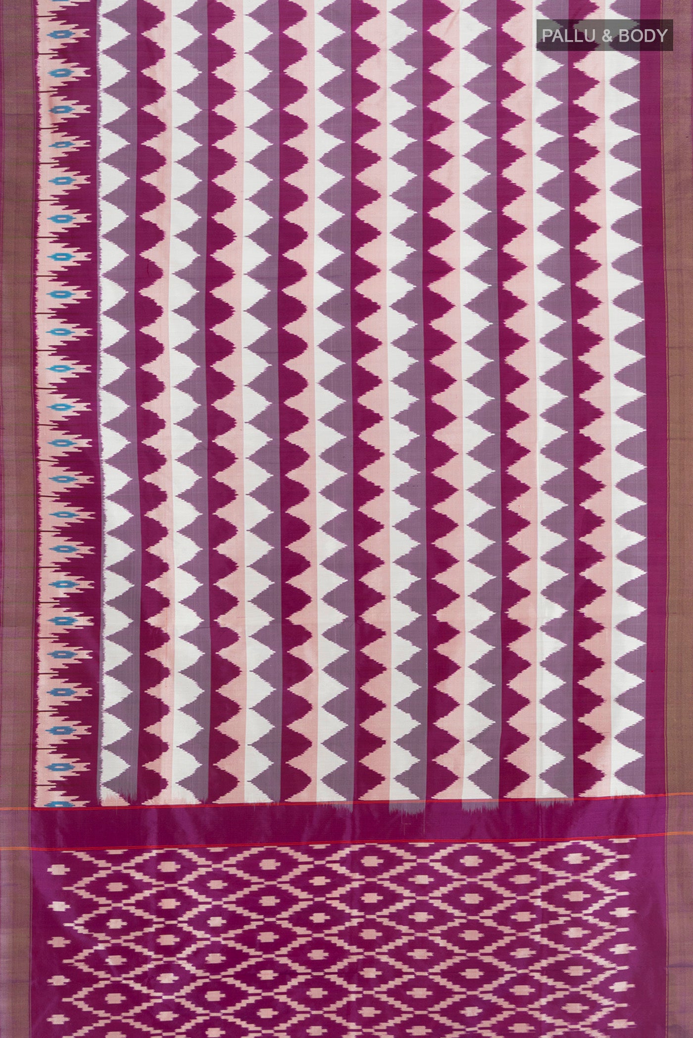 Flat view of Multi Color Pochampally Silk Saree with Ikat Print on the body and Silk Border. 