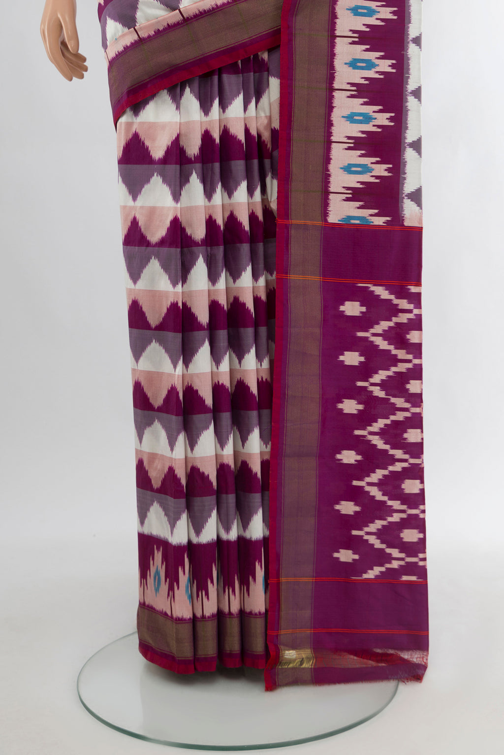 Pleats and pallu of Multi Color Pochampally Silk Saree with Ikat Print on the body and Silk Border. 