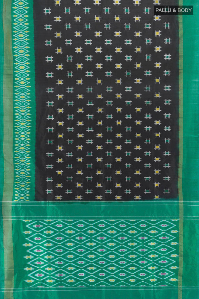 Flat view of Black Pochampally Saree with Ikat Print on the body and Silk Border. 