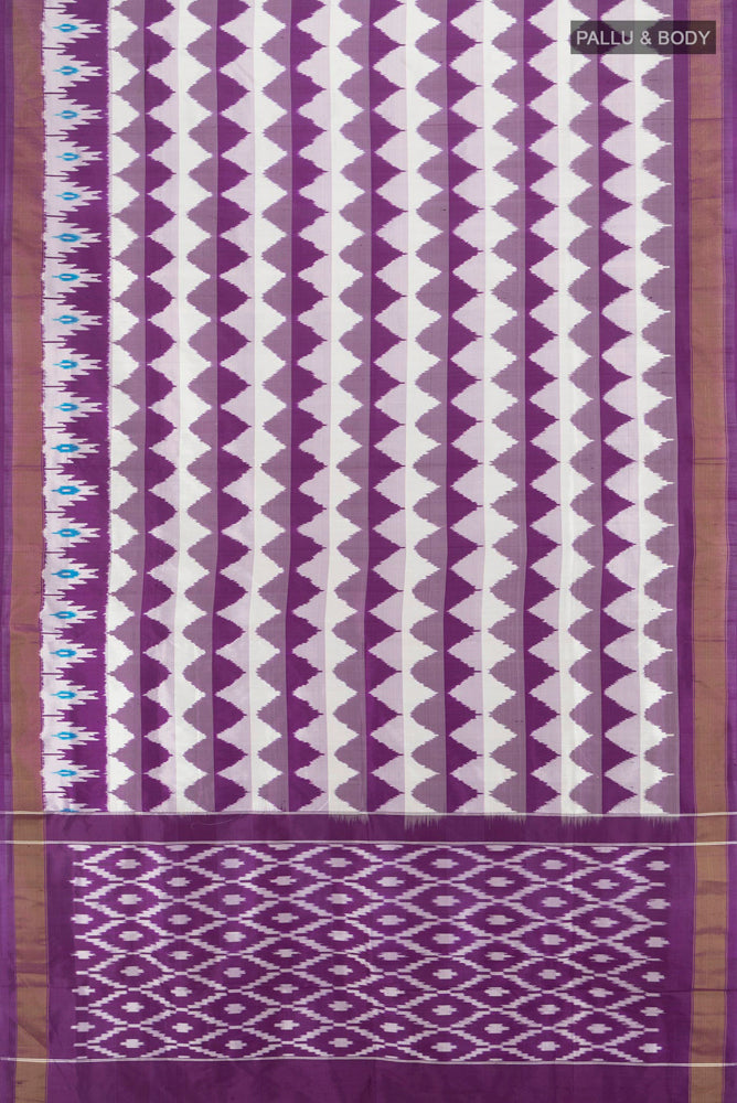 Flat view of Multi Color Pochampally Saree with Ikat Print on the body and Silk Border. 