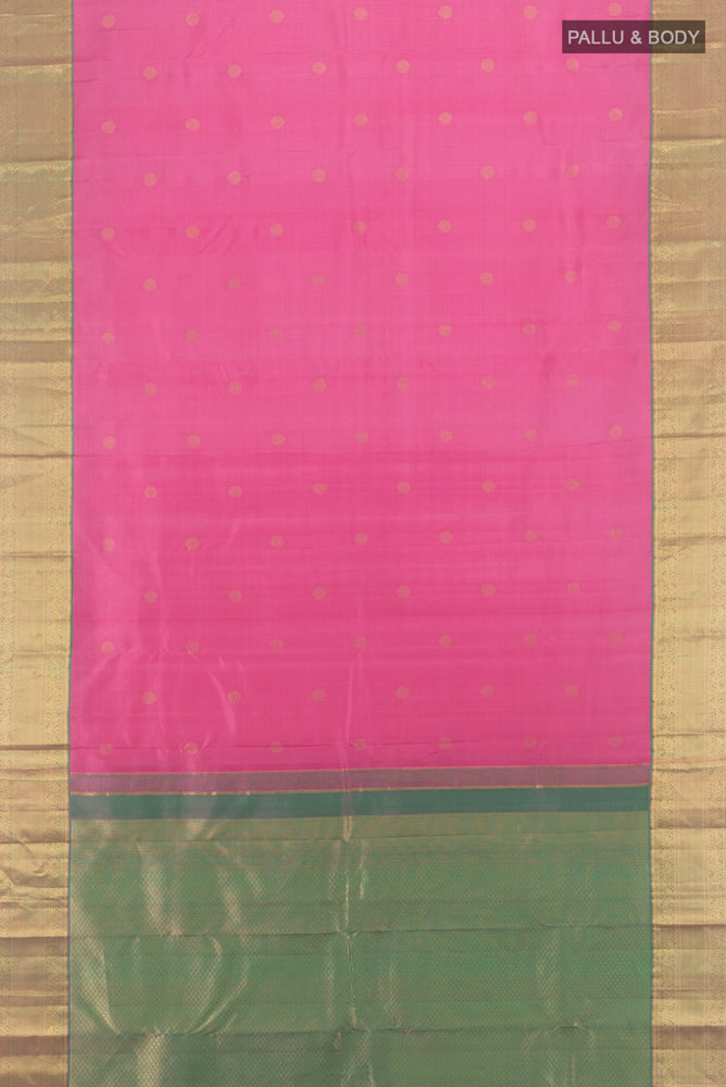 Flat view of Rose pink Kanchipuram Silk Saree with Zari Butta on the body and Silk Border. 