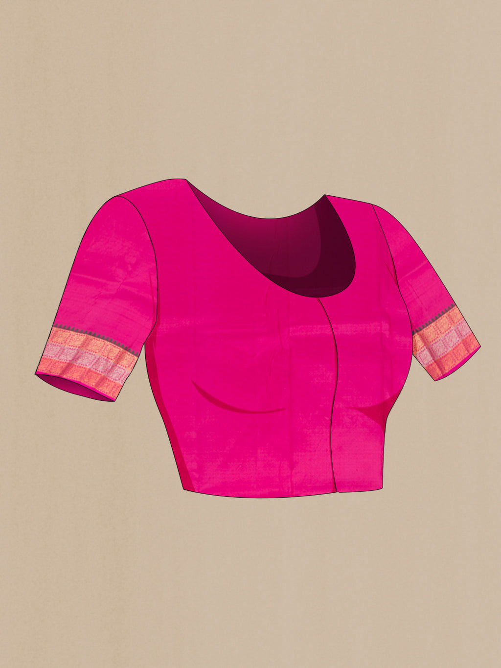 Close up image of the blouse of Pure Silk Coral Kanchipuram Saree with Stripes on the body and Zari Border. 