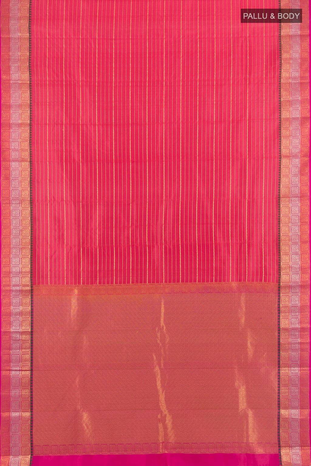 Flat view of Pure Silk Coral Kanchipuram Saree with Stripes on the body and Zari Border. 