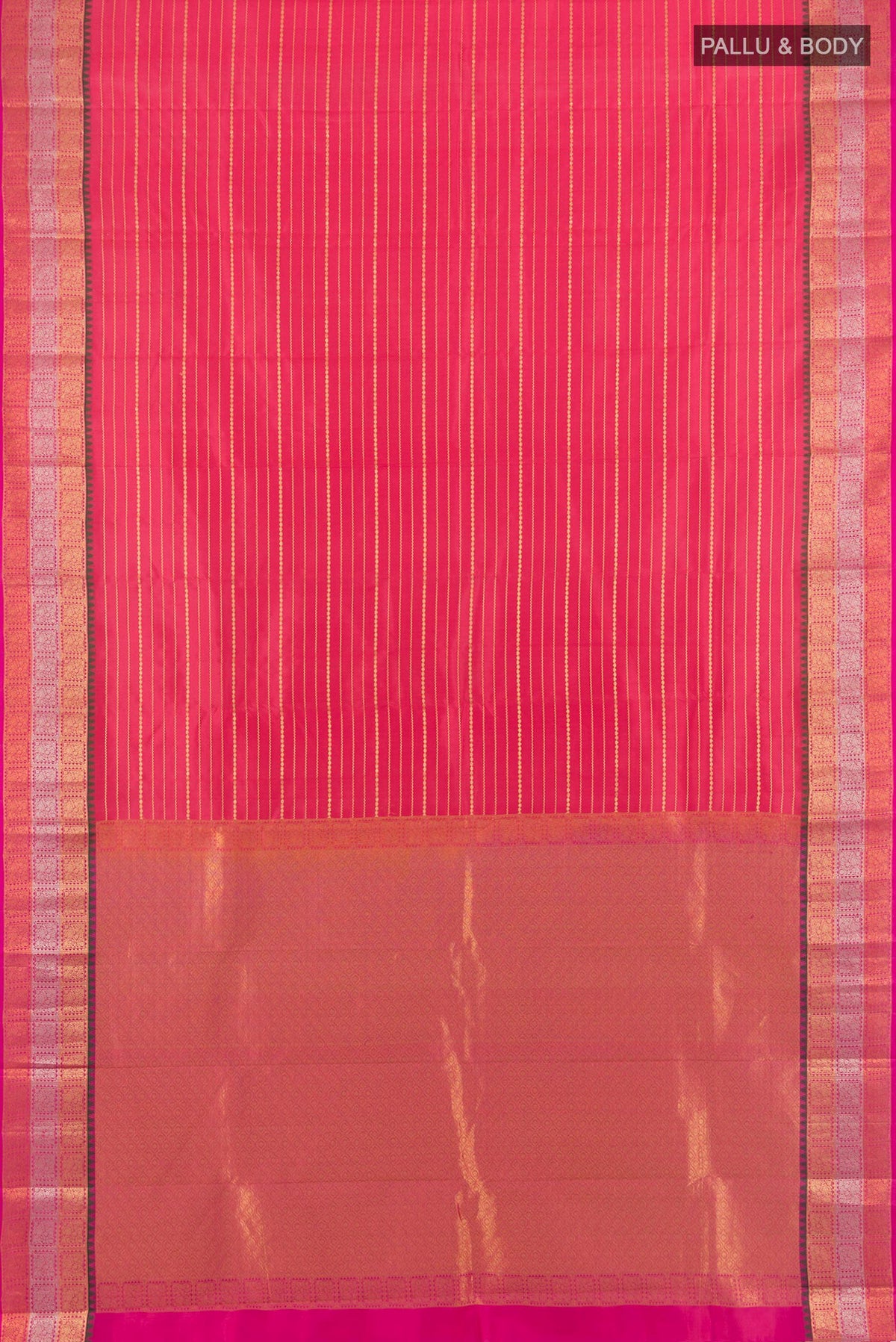 Flat view of Pure Silk Coral Kanchipuram Saree with Stripes on the body and Zari Border. 