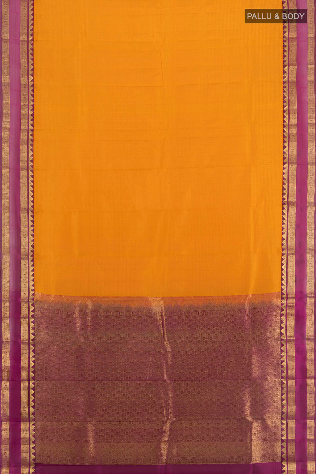 Flat view of Yellow Kanchipuram Silk Saree with Checked design on the body and Zari Border. 