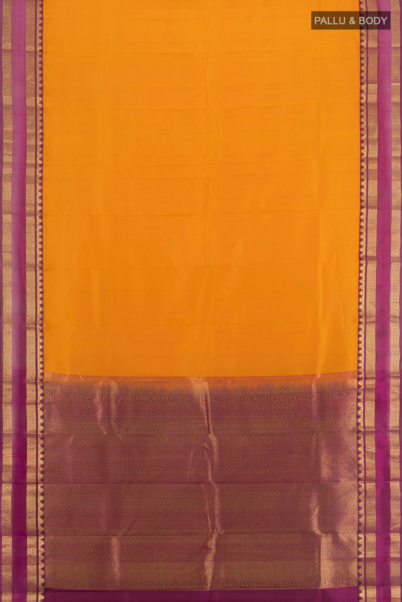 Flat view of Yellow Kanchipuram Silk Saree with Checked design on the body and Zari Border. 