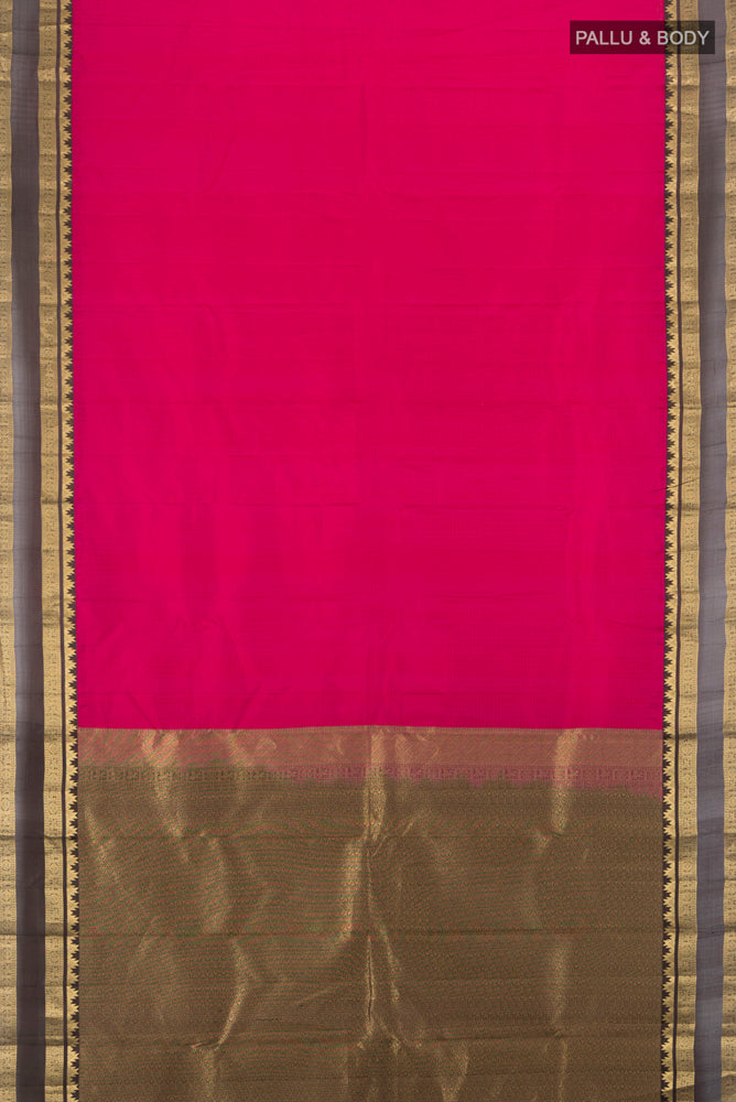 Flat view of Peach Kanchipuram Silk Saree with Zari Brocade on the body and Silk Border. 