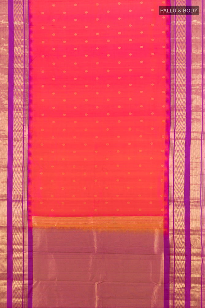 Flat view of Pure Silk Pure Zari Peach Kanjivaram Saree with Zari Butta on the body and Silk Border. 