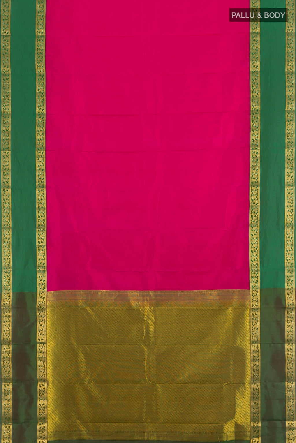 Flat view of Dark Pink Kanchipuram Silk Saree with Zari Butta on the body and Zari Border. 