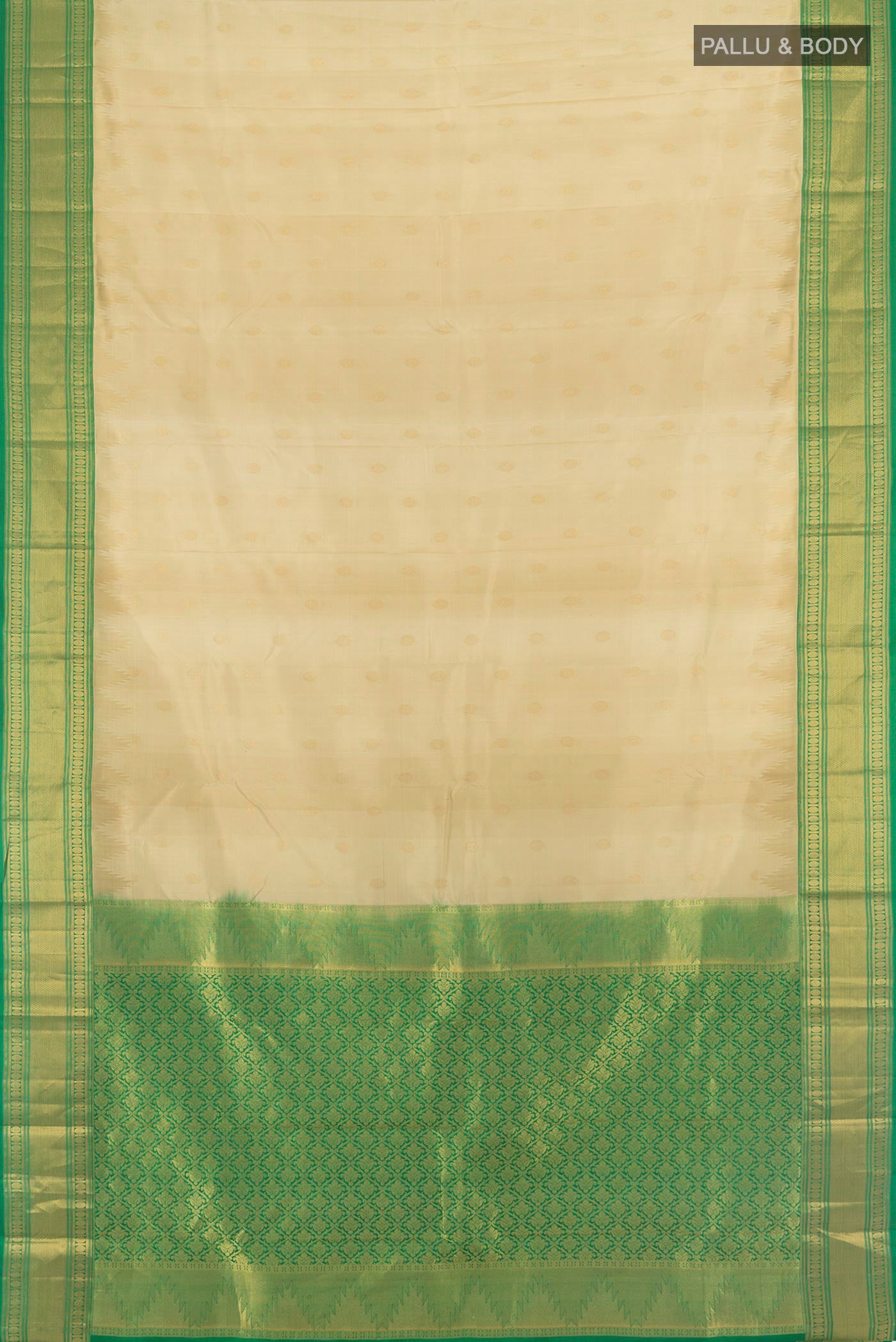 Flat view of Cream Kanchipuram Silk Saree with Zari Butta on the body and Zari Border. 
