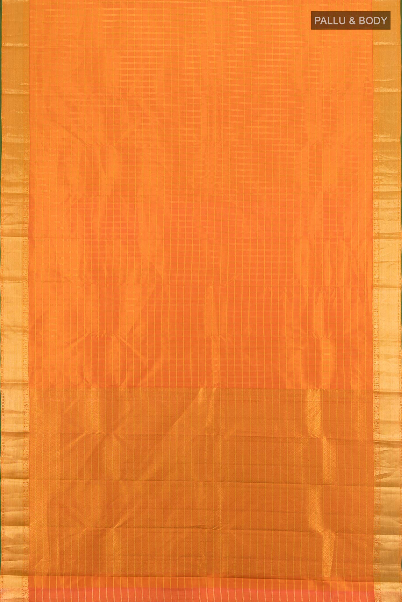 Flat view of Orange Kanchipuram Silk Saree with Checked design on the body and Zari Border. 