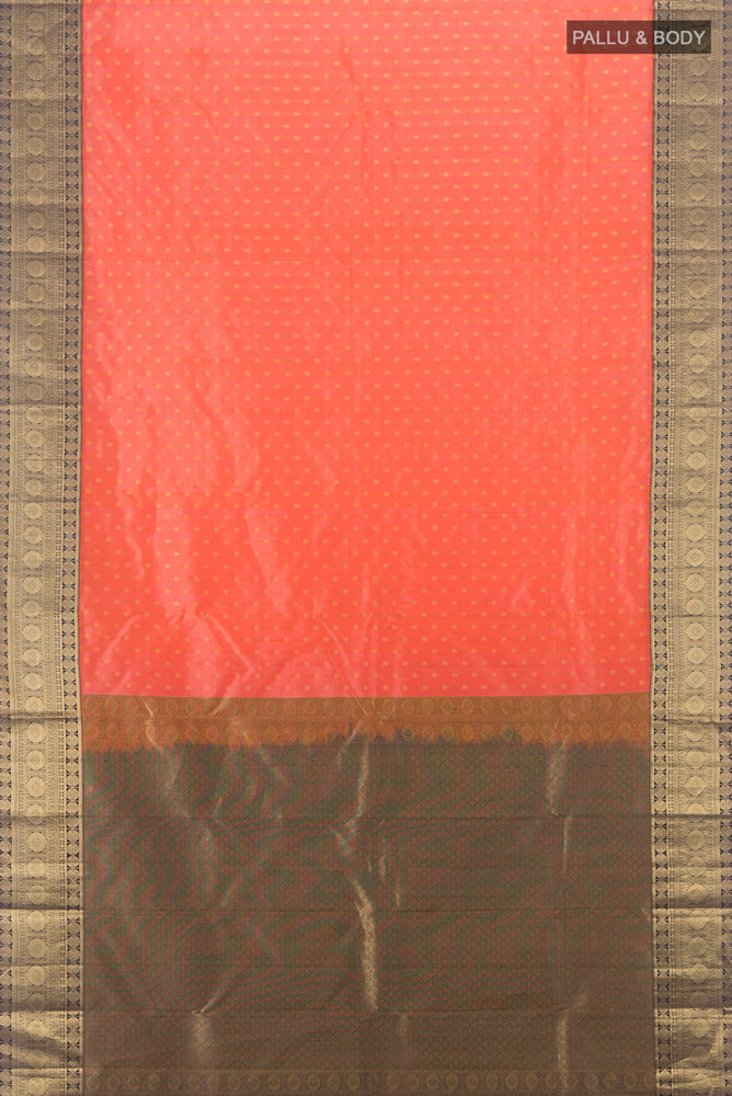 Flat view of Rose Gold Kanchipuram Silk Saree with Zari Butta on the body and Silk Border. 