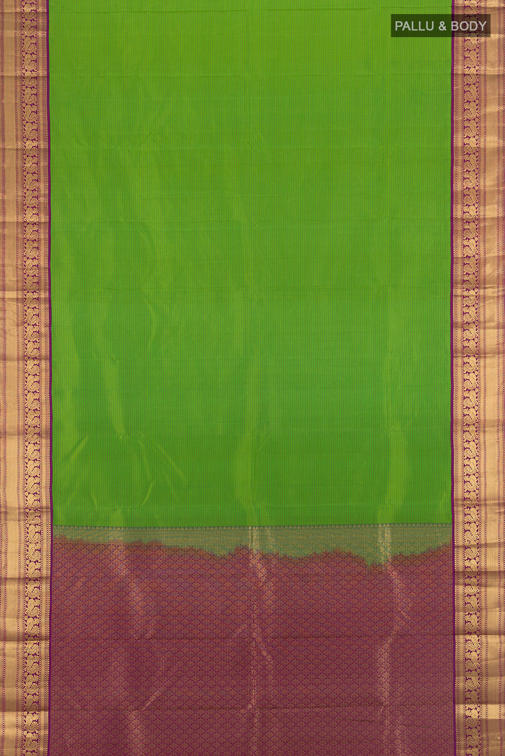 Flat view of Light Green Kanchipuram Silk Saree with Stripes on the body and Zari Border. 