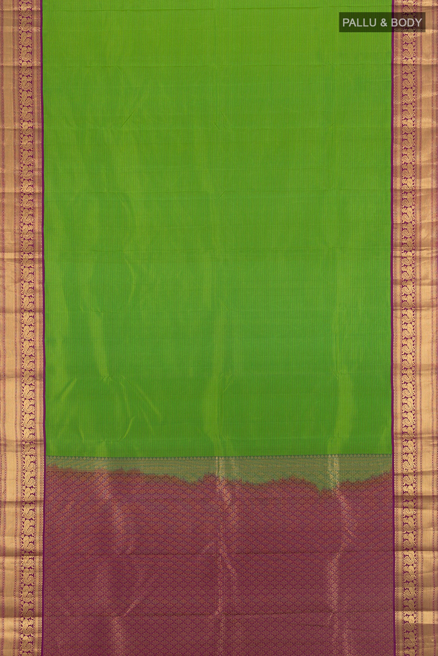 Flat view of Light Green Kanchipuram Silk Saree with Stripes on the body and Zari Border. 