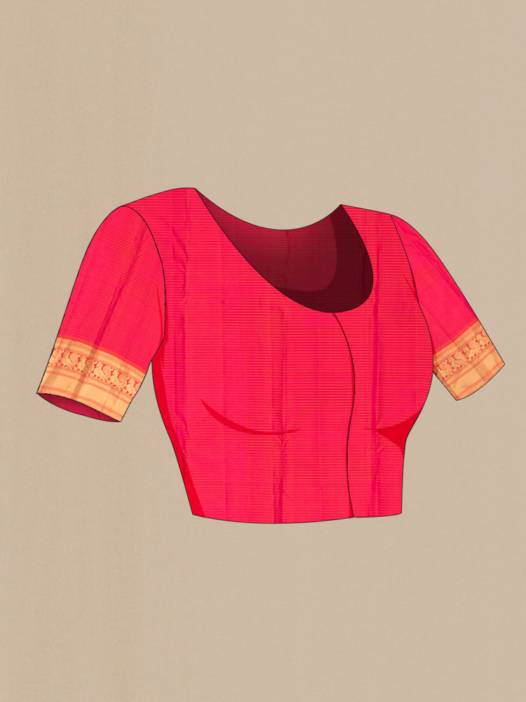 Close up image of the blouse of Brown Kanchipuram Silk Saree with Zari Butta on the body and Silk Border. 