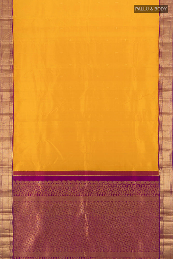 Flat view of Pure Silk Pure Zari Yellow Kanchipuram Saree with Zari Butta on the body and Silk Border. 