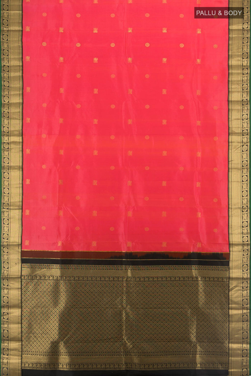 Flat view of Pure Silk Coral Kanchipuram Saree with Zari Butta on the body and Zari Border. 