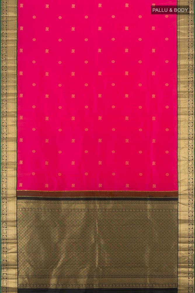 Flat view of Peach Kanchipuram Silk Saree with Zari Butta on the body and Silk Border. 