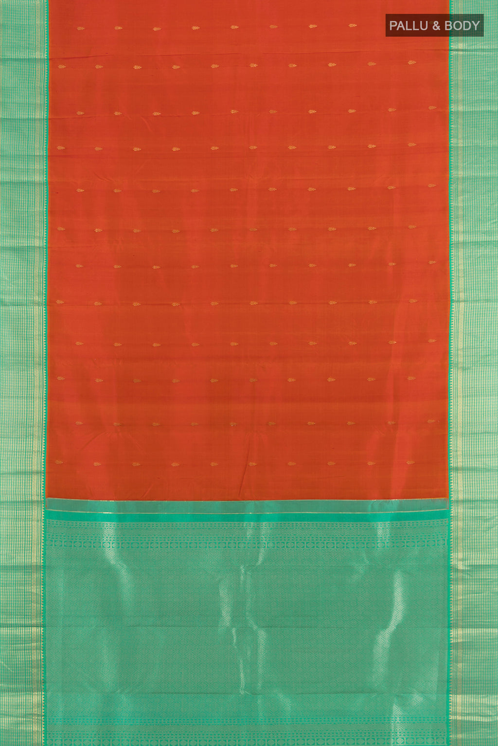 Flat view of Peach Kanchipuram Silk Saree with Zari Butta on the body and Silk Border. 