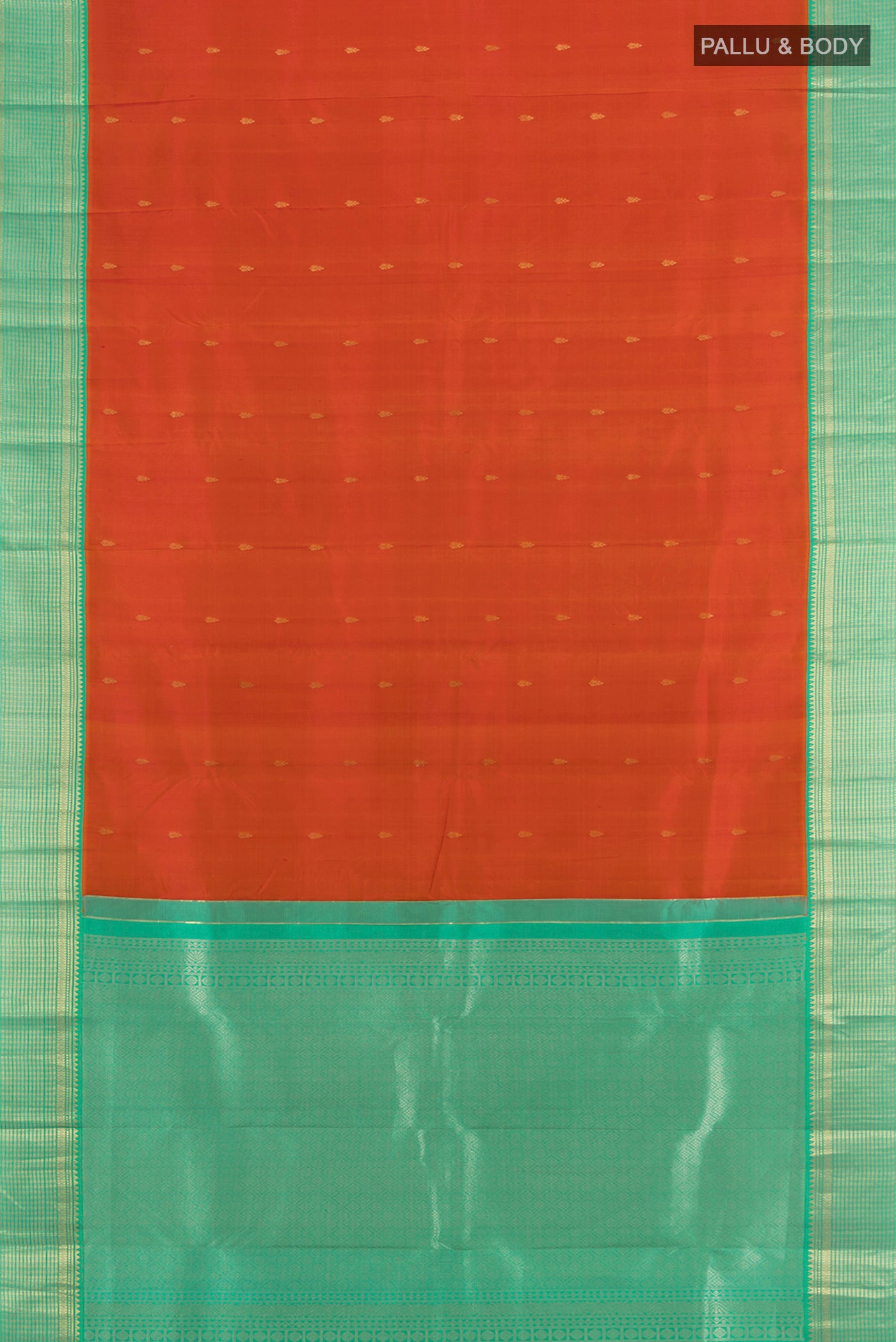 Flat view of Peach Kanchipuram Silk Saree with Zari Butta on the body and Silk Border. 