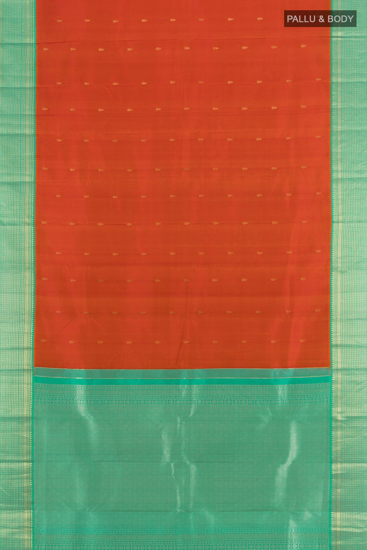 Flat view of Peach Kanchipuram Silk Saree with Zari Butta on the body and Silk Border. 