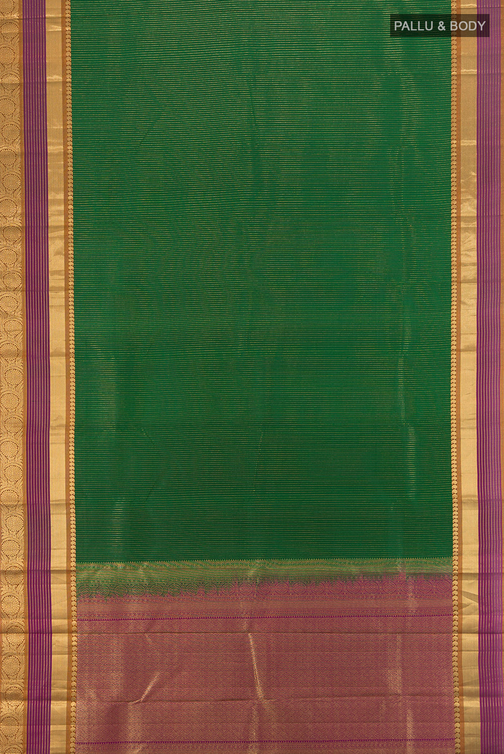 Flat view of Bottle Green Kanjivaram Silk Saree with Stripes on the body and Zari Border. 