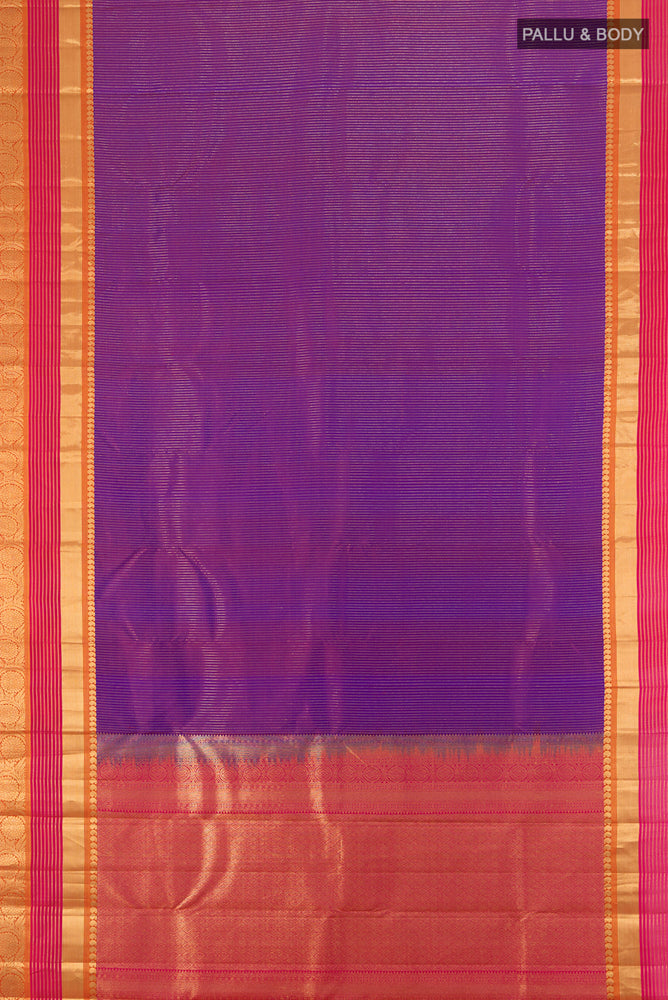 Flat view of Pure Silk Pure Zari Purple Kanjivaram Saree with Zari Butta on the body and Silk Border. 