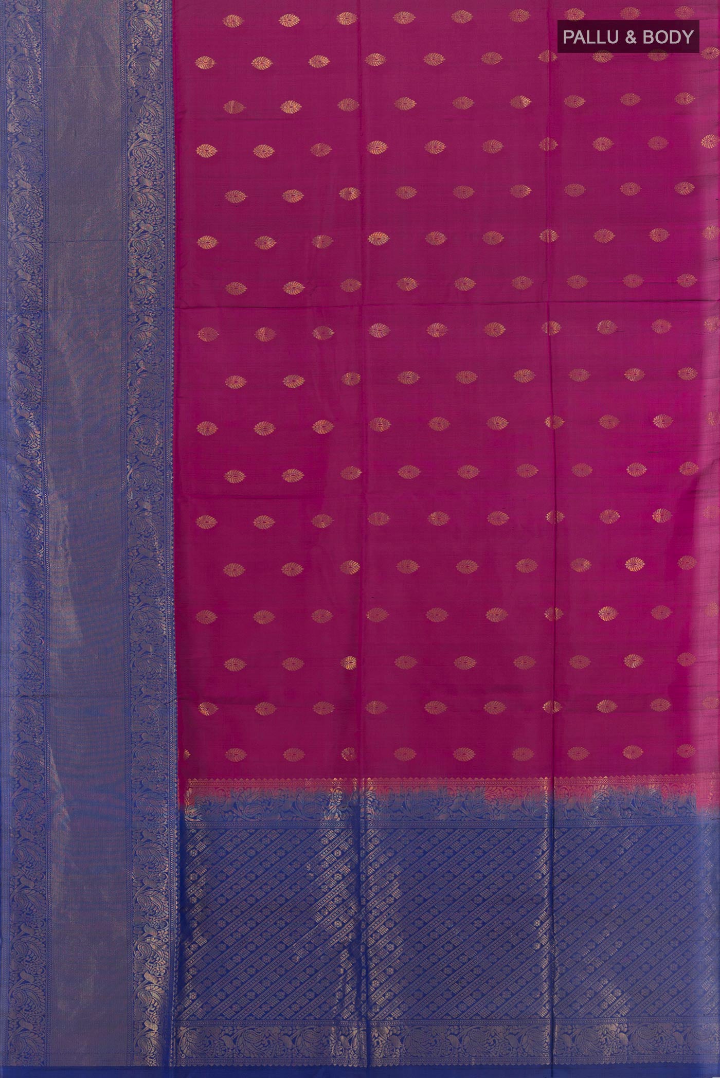 Flat view of Purple Soft Silk Saree with Zari Butta on the body and One Side Border. 
