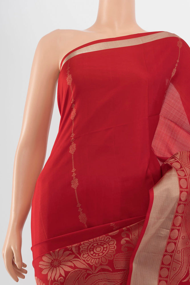 Border image of Red Soft Silk Saree with Zari Butta on the body and Silk Border. 