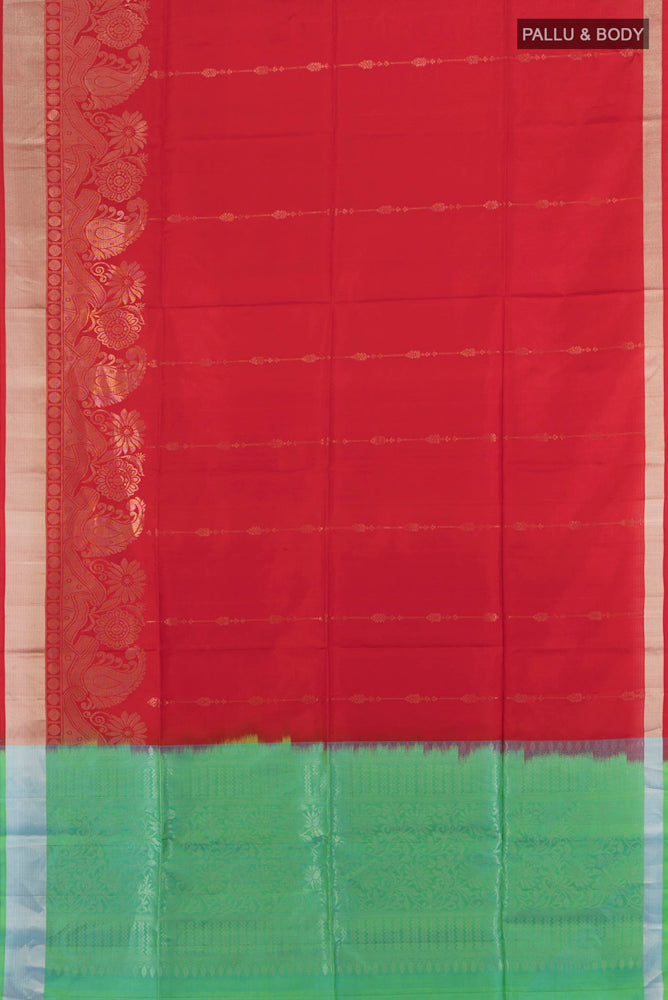 Flat view of Red Soft Silk Saree with Zari Butta on the body and Silk Border. 
