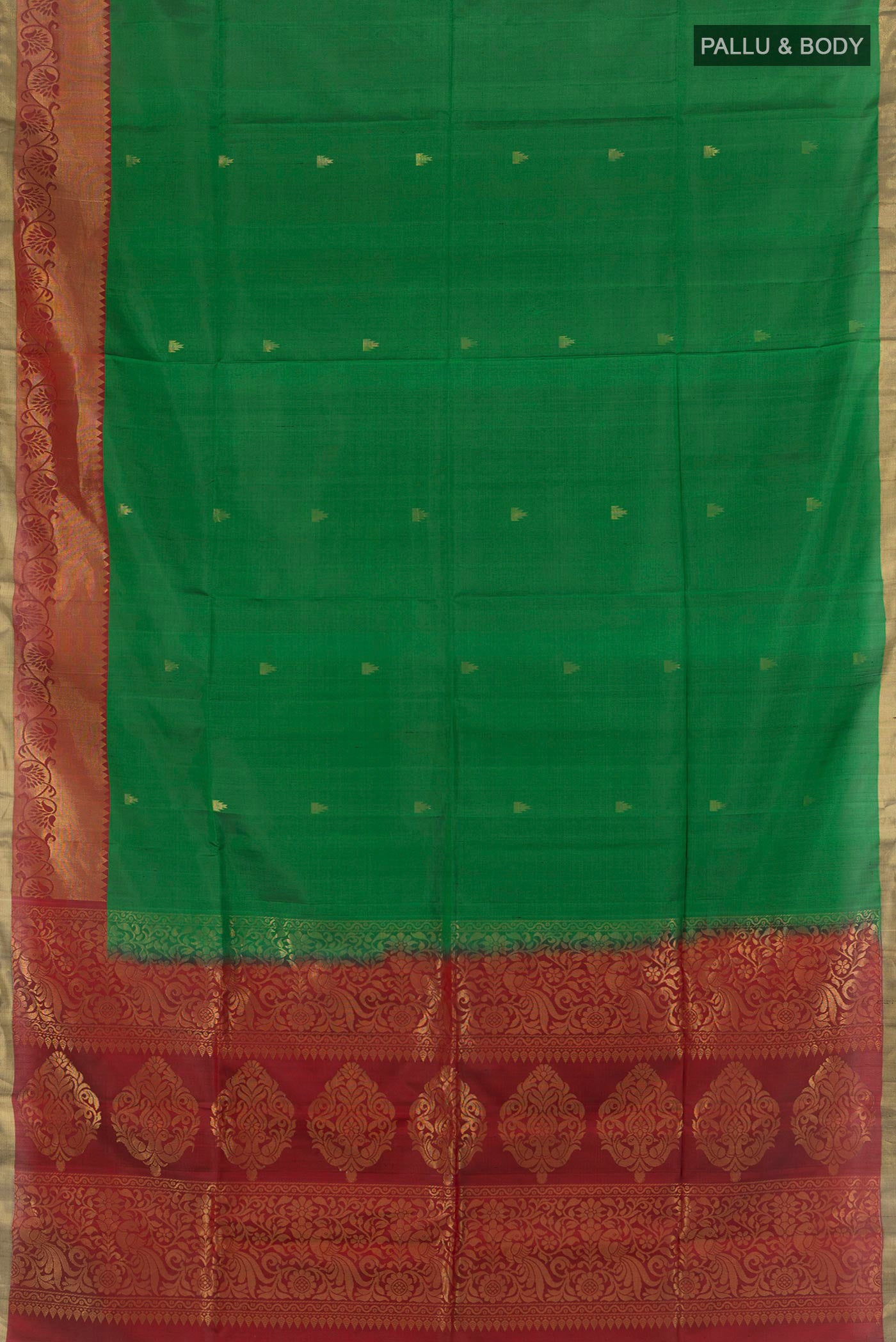 Flat view of Green Soft Silk Saree with Zari Butta on the body and Zari Border. 