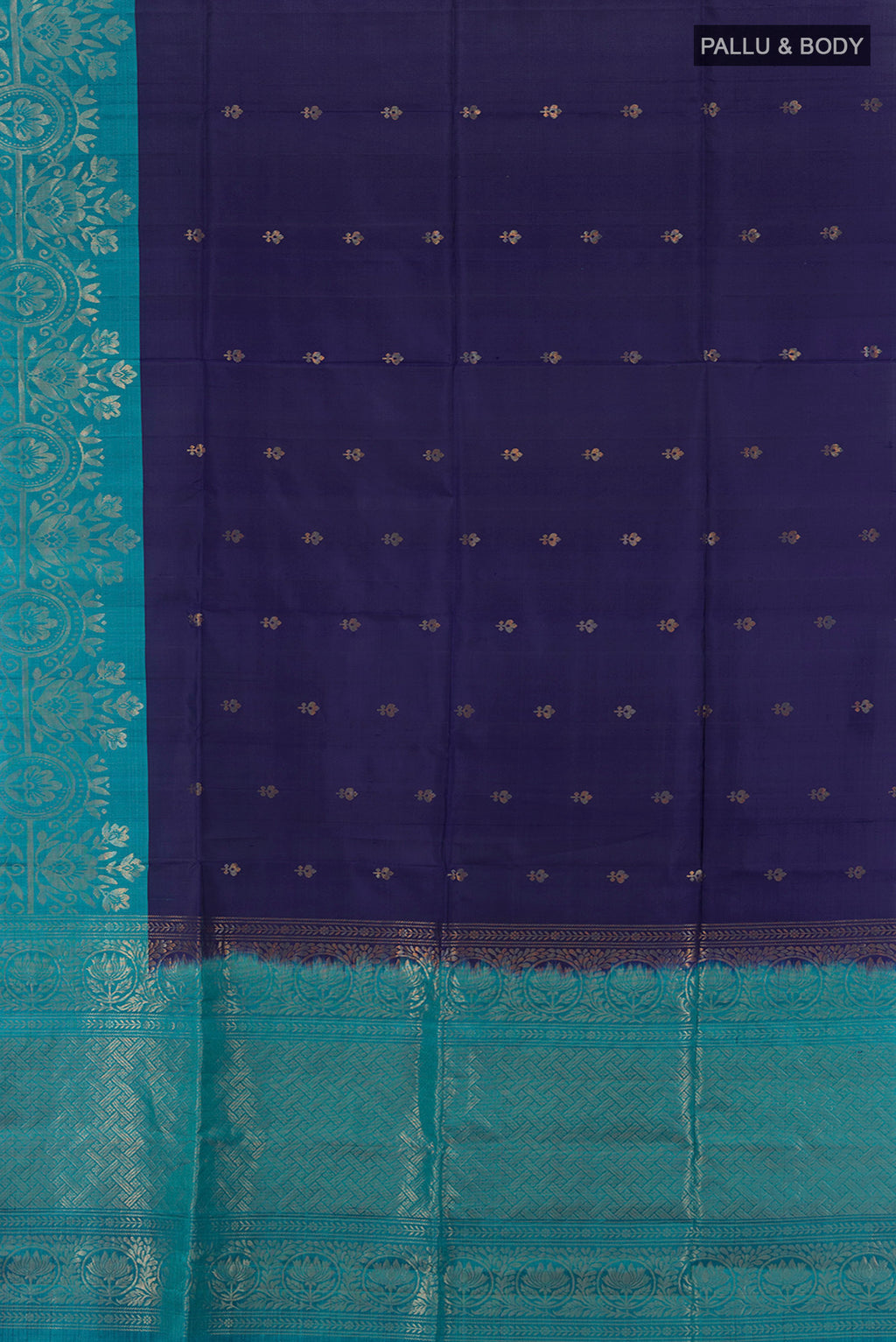 Flat view of Navy Blue Soft Silk Saree with Zari Butta on the body and Fancy Border. 