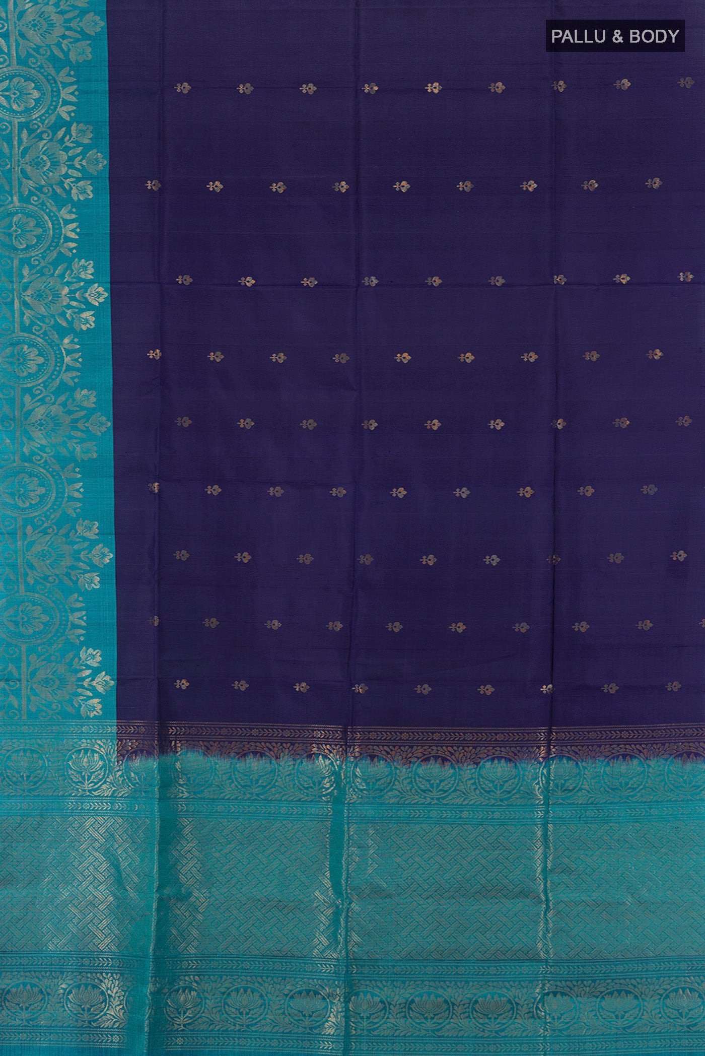 Flat view of Navy Blue Soft Silk Saree with Zari Butta on the body and Fancy Border. 