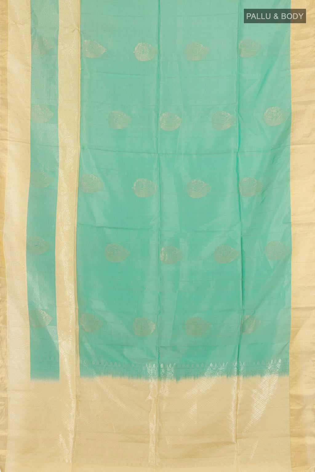 Flat view of Pure Silk Light Green Soft Saree with Zari Butta on the body and Zari Border. 