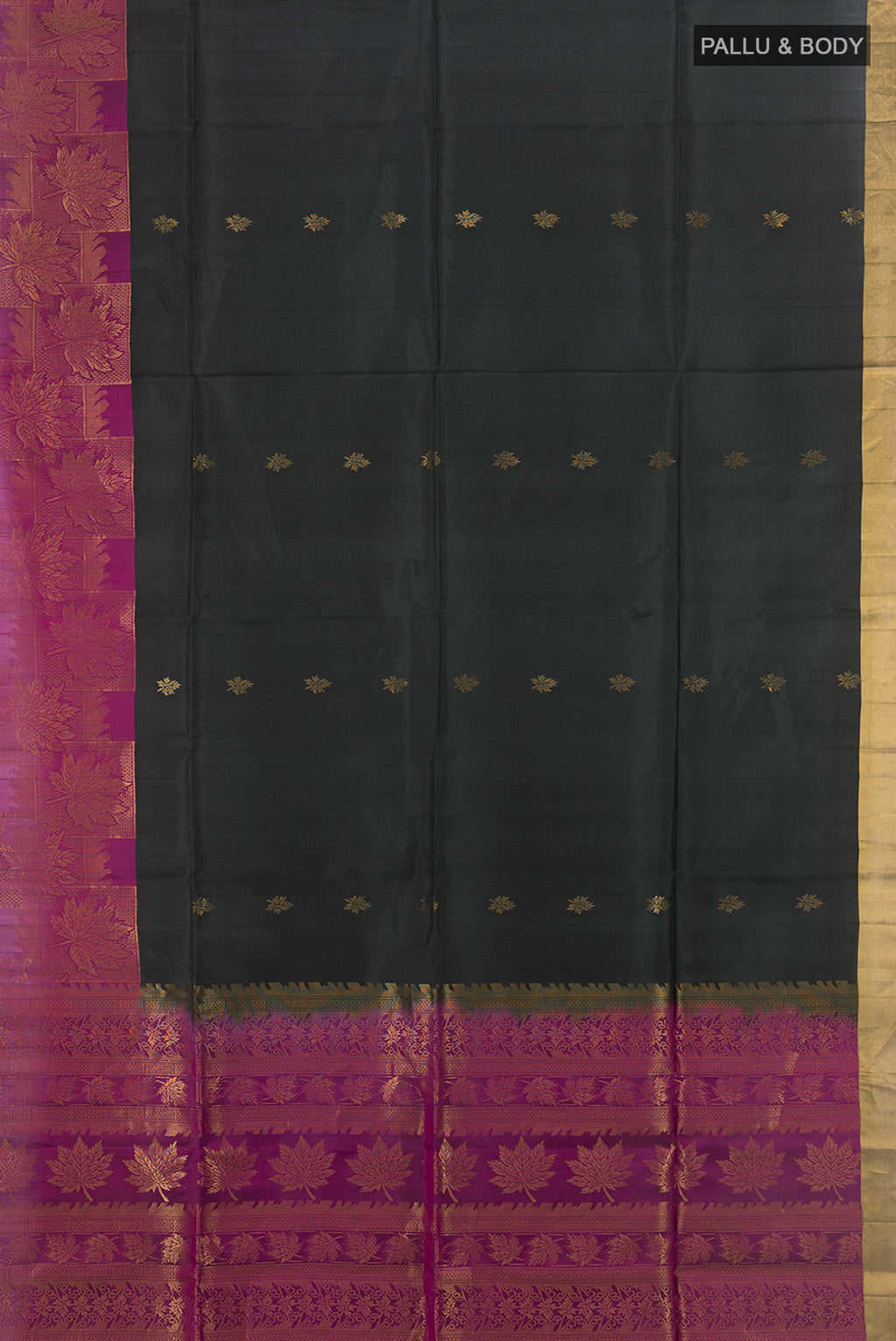 Flat view of Coffee Brown Soft Silk Saree with Zari Butta on the body and Silk Border. 