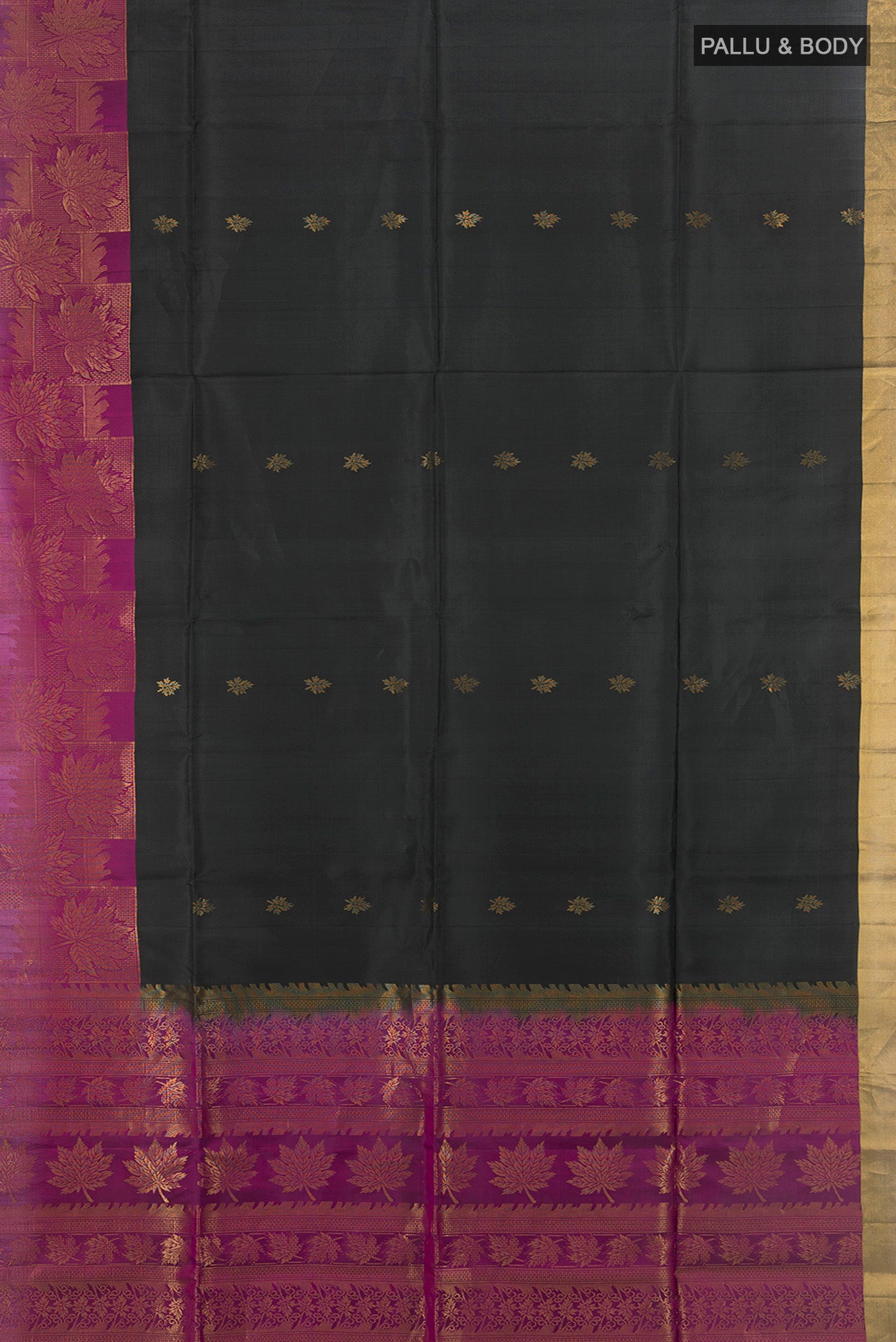 Flat view of Coffee Brown Soft Silk Saree with Zari Butta on the body and Silk Border. 