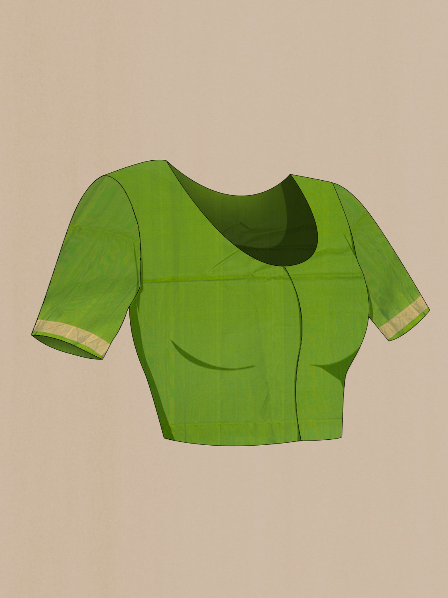 Close up image of the blouse of Bottle Green Soft Silk Saree with Zari Butta on the body and Zari Border. 