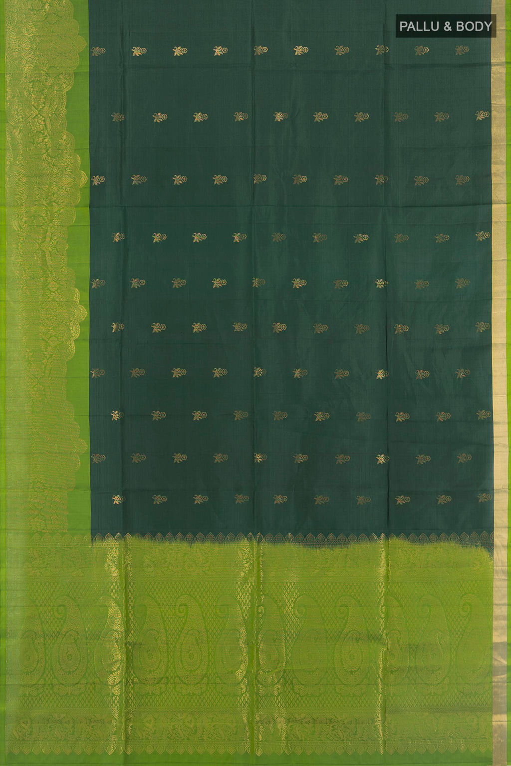 Flat view of Bottle Green Soft Silk Saree with Zari Butta on the body and Zari Border. 