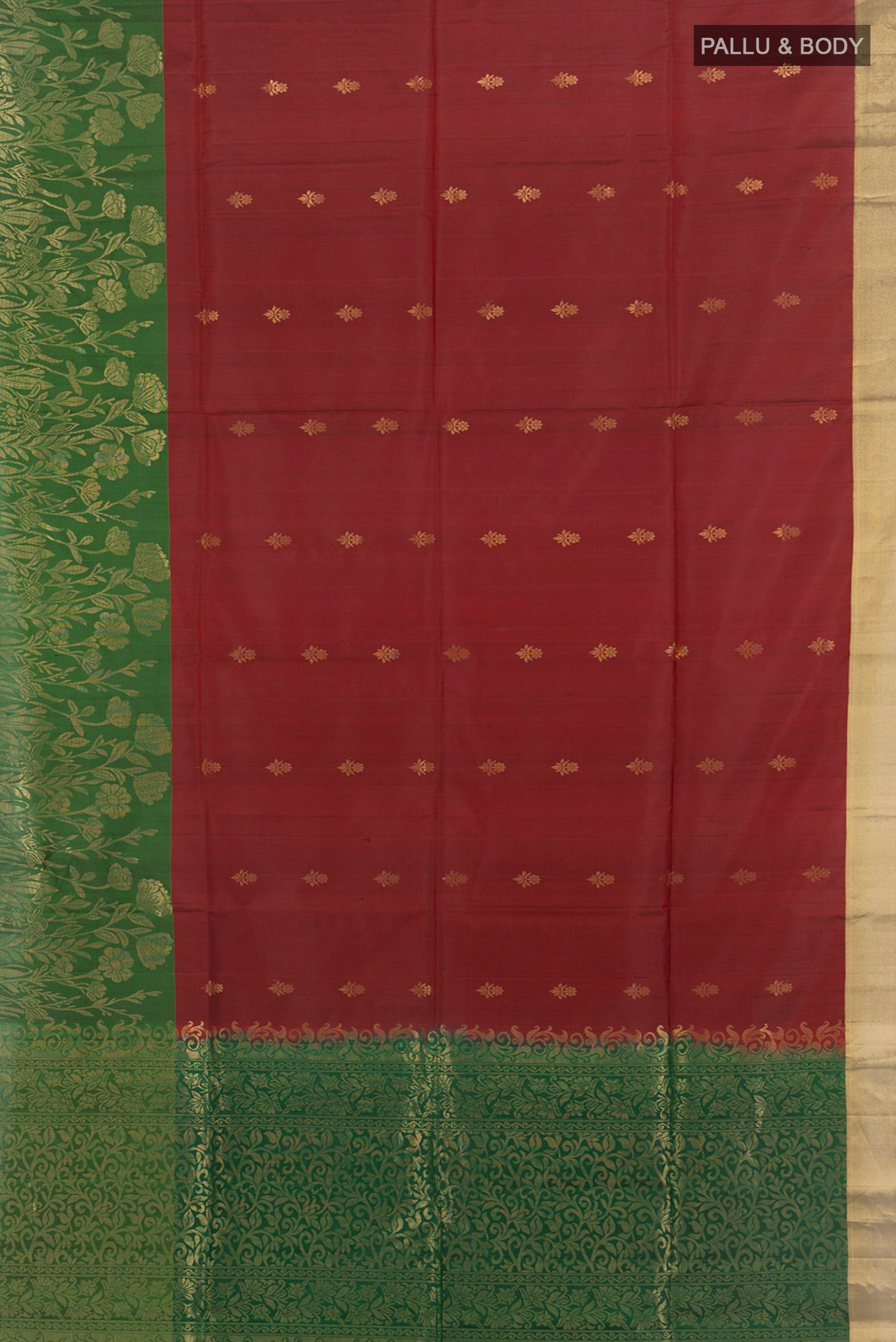Flat view of Maroon Soft Silk Saree with Zari Butta on the body and Zari Border. 