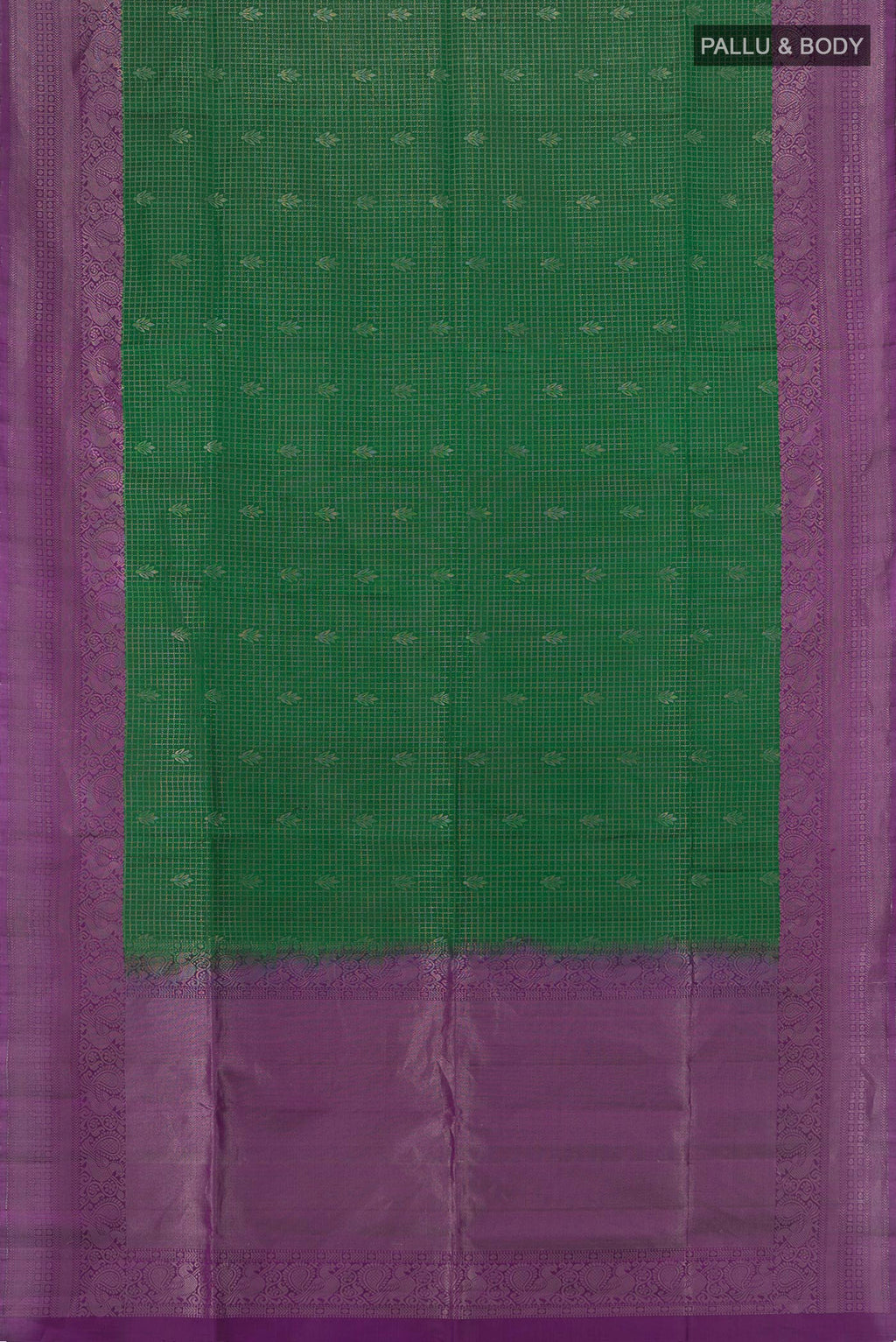 Flat view of Bottle Green Soft Silk Saree with Checked design on the body and Zari Border. 