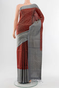 Maroon Soft Silk Saree with Zari Butta on the body and Silk Border.  displayed on a mannequin
