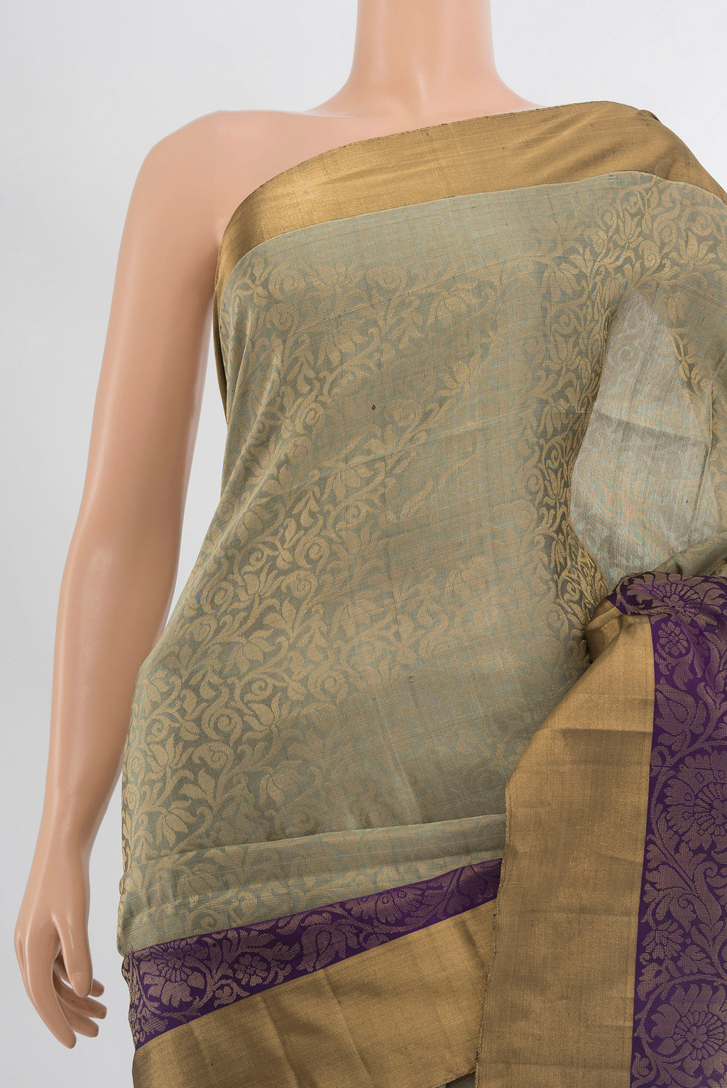 Border image of Grey Soft Silk Saree with Zari Butta on the body and Silk Border. 