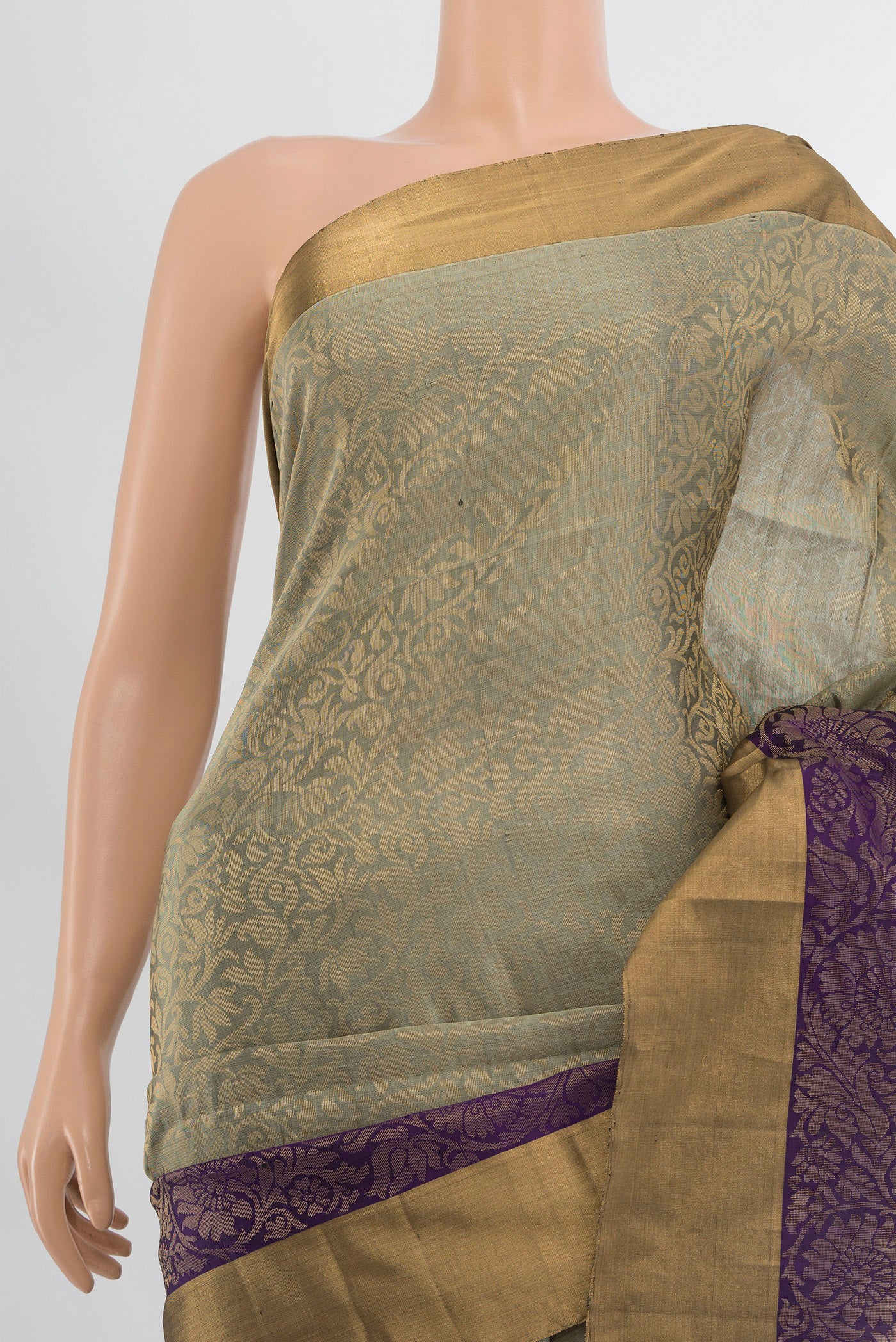 Border image of Grey Soft Silk Saree with Zari Butta on the body and Silk Border. 