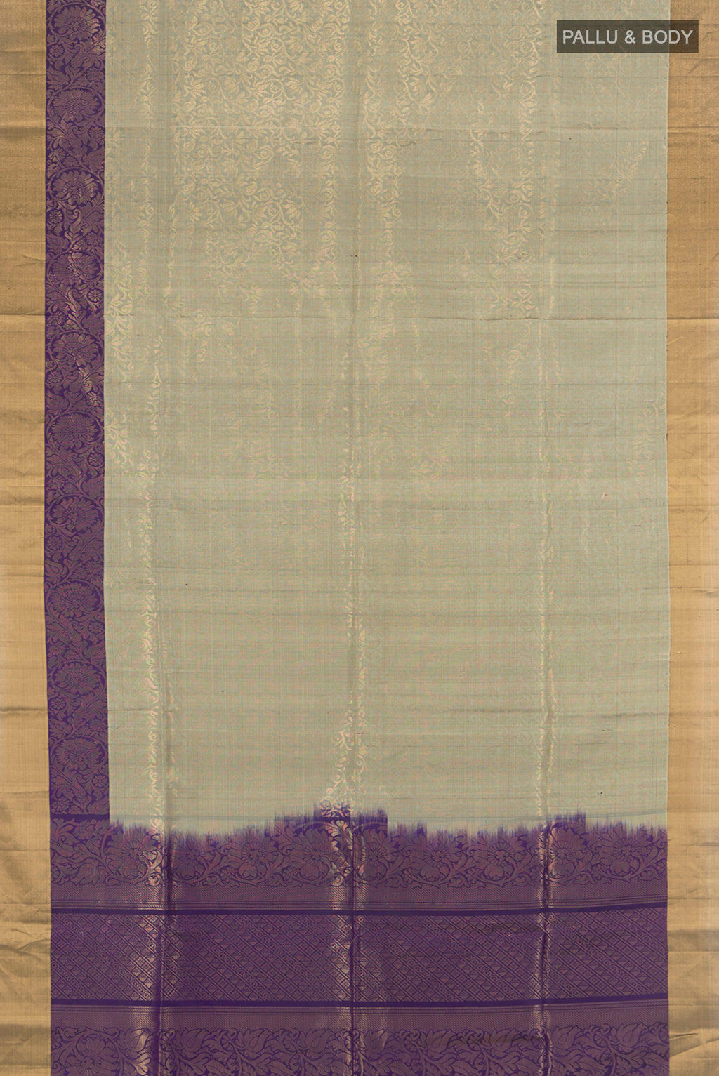 Flat view of Grey Soft Silk Saree with Zari Butta on the body and Silk Border. 
