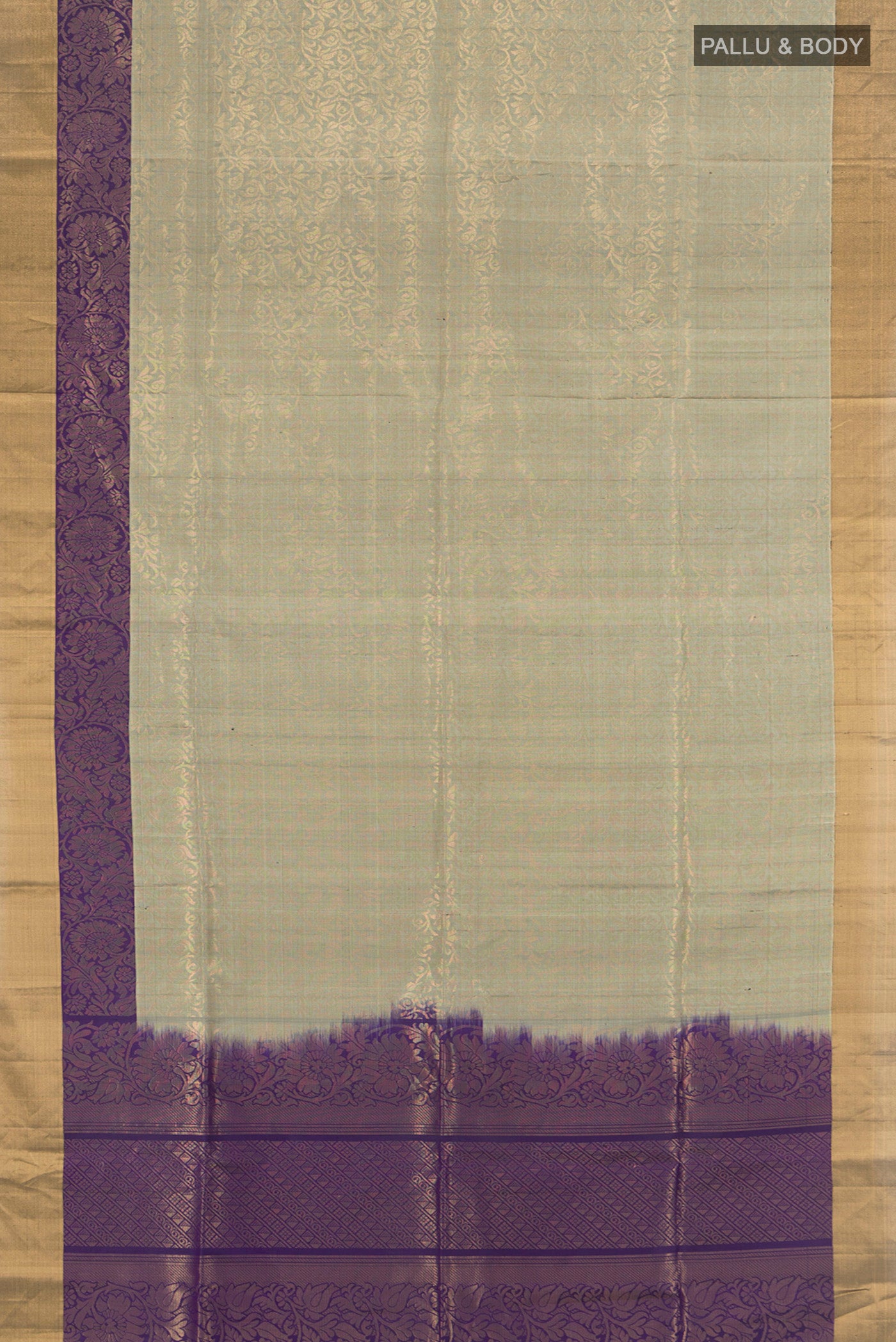 Flat view of Grey Soft Silk Saree with Zari Butta on the body and Silk Border. 