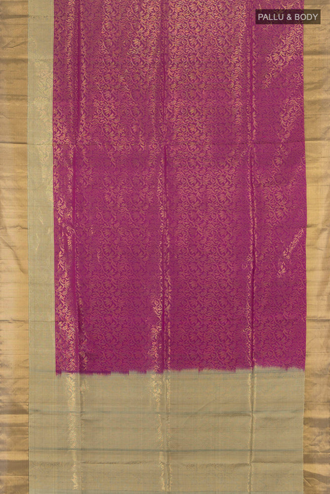Flat view of Purple Soft Silk Saree with Zari Butta on the body and Silk Border. 