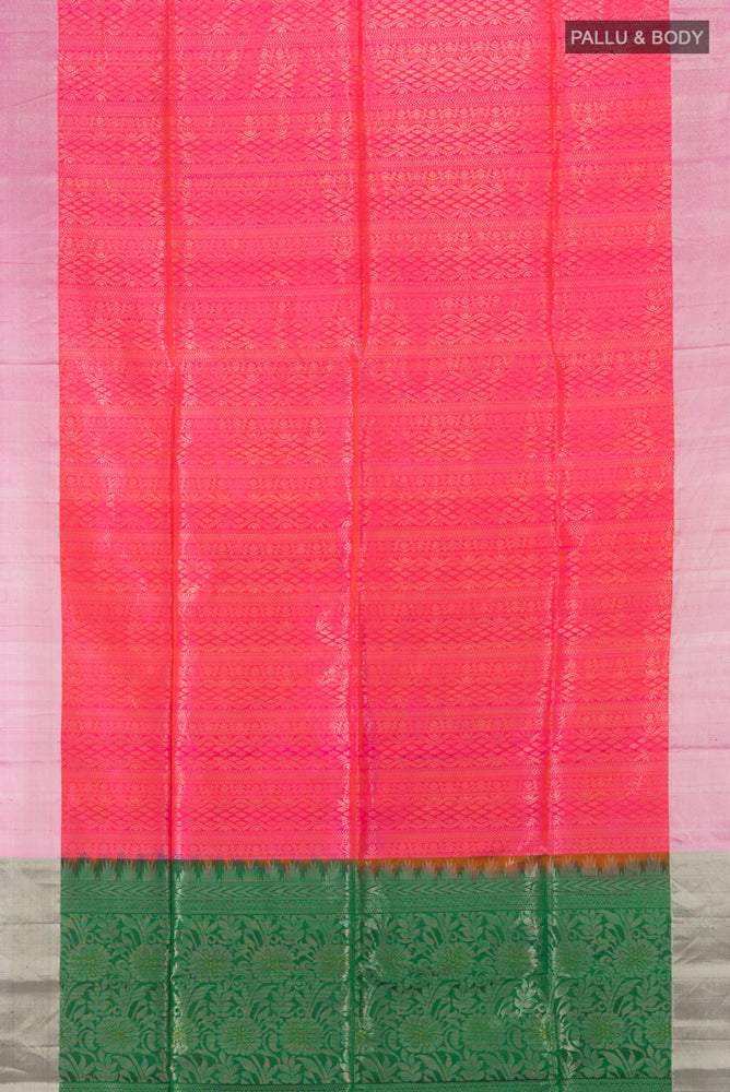 Flat view of Mint Green Soft Silk Saree with Zari Butta on the body and Silk Border. 