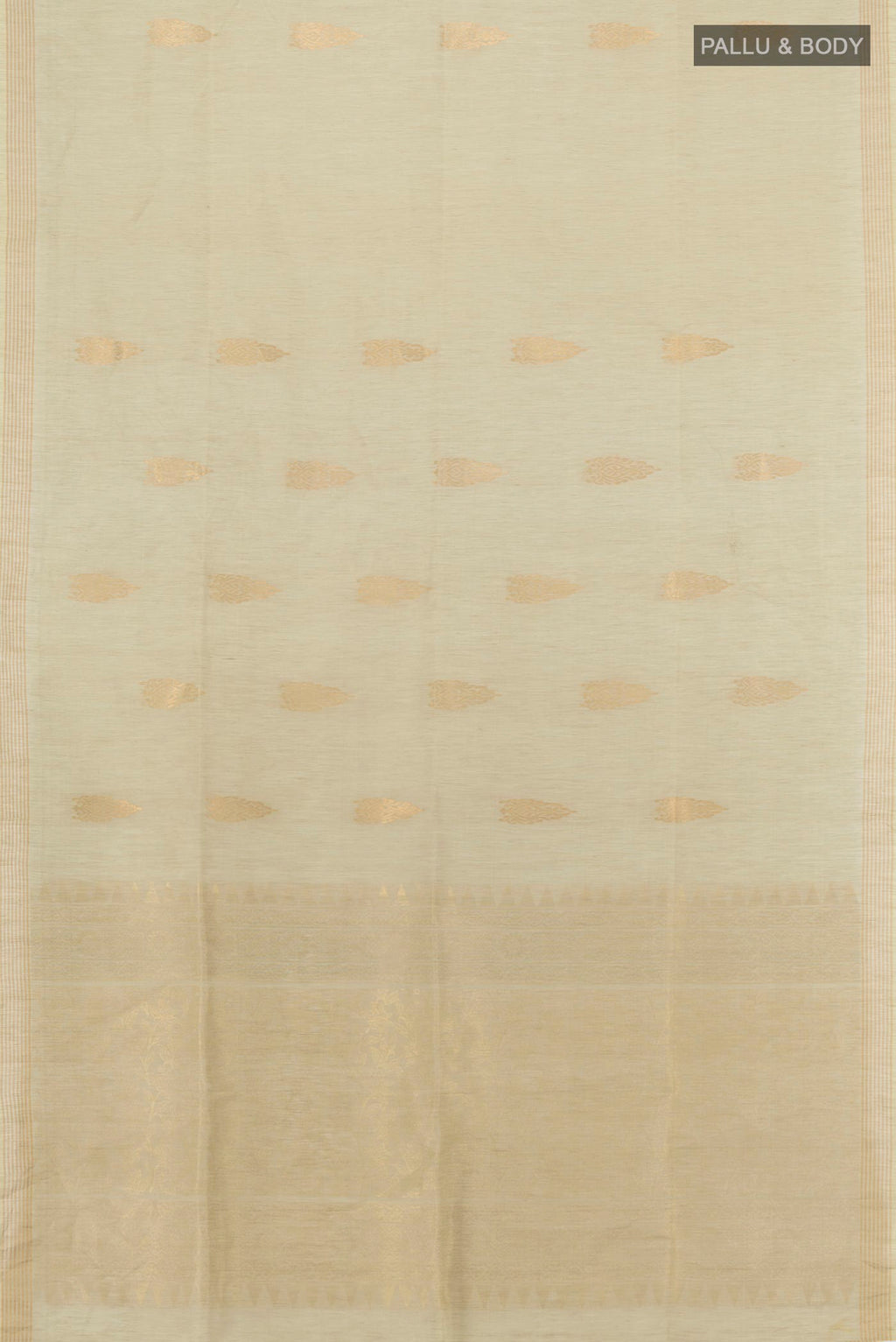 Flat view of Pure Silk Beige Soft Saree with Zari Butta on the body and Zari Border. 