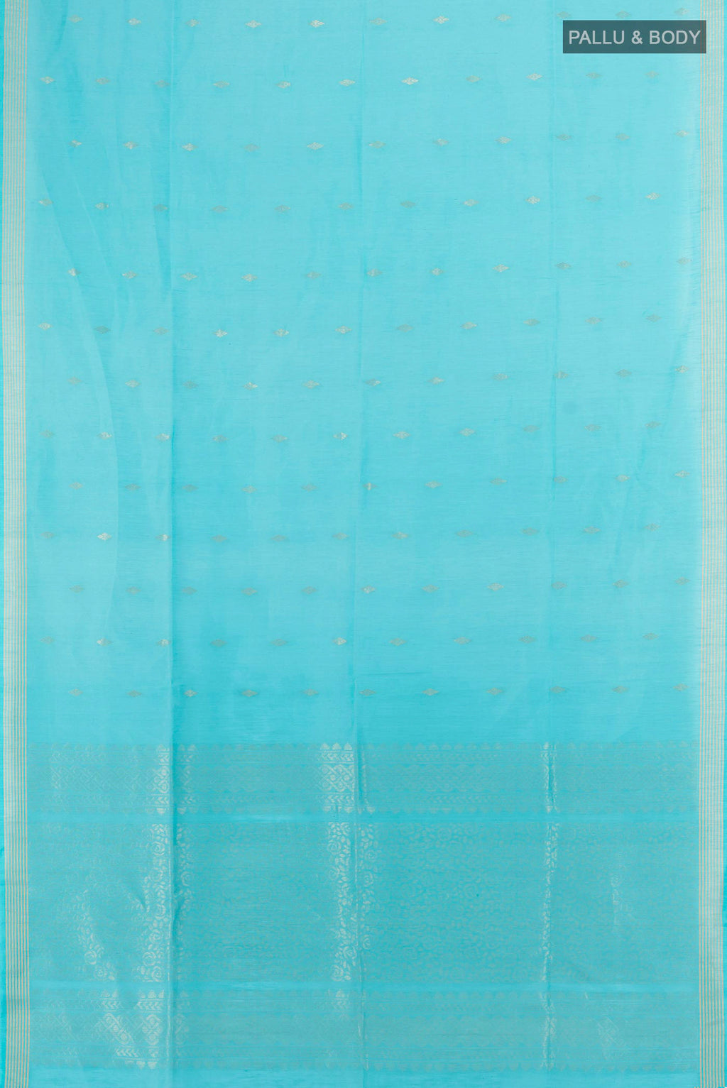 Flat view of Light Blue Soft Saree with Zari Butta on the body and Silk Border. 