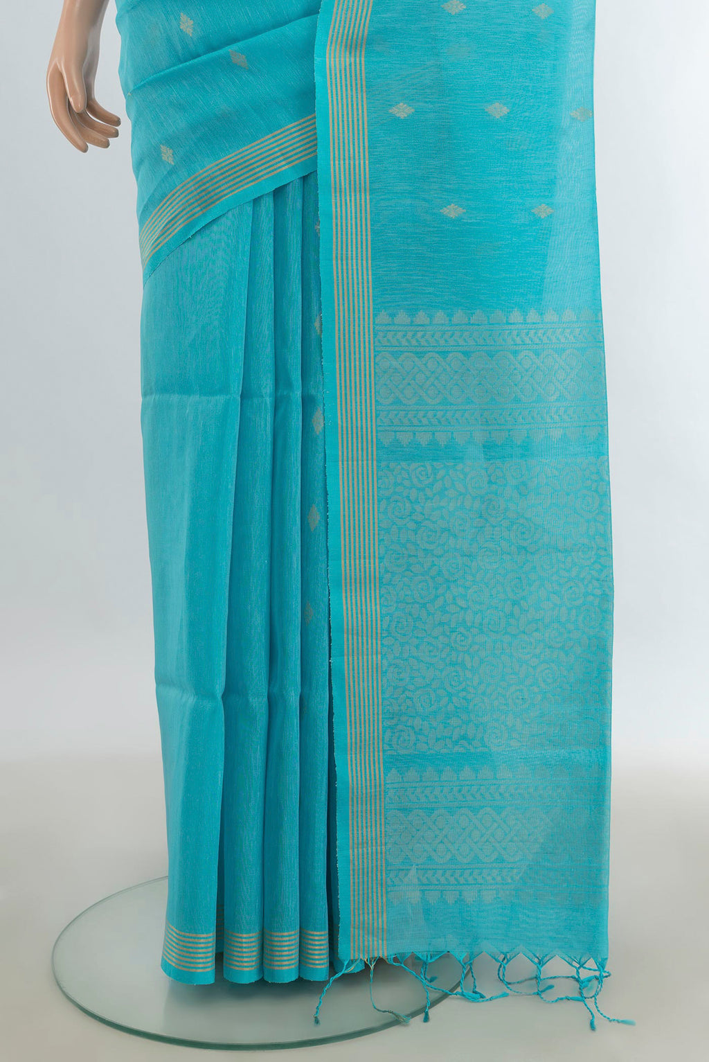 Pleats and pallu of Light Blue Soft Saree with Zari Butta on the body and Silk Border. 